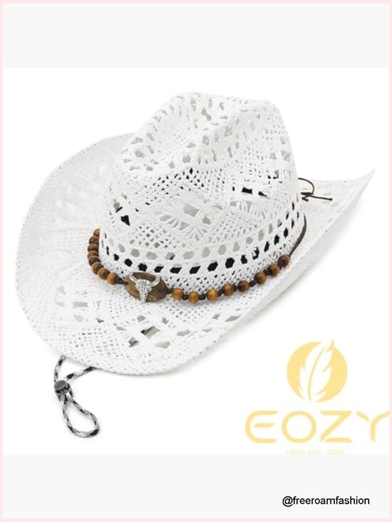 Straw Cowgirl Hat Woven Hollow Out Wide Brim Sun Hat with Chin Strap main image 2